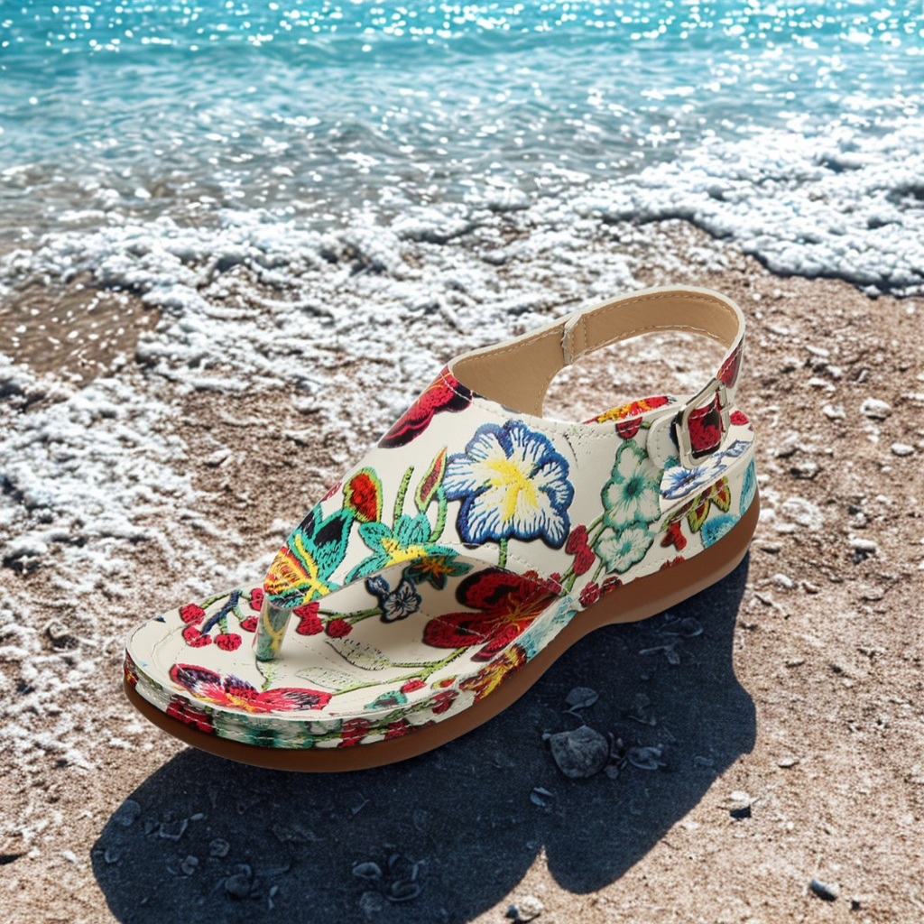 Floral print toe-post sandals with a back strap in white, black and white, and black