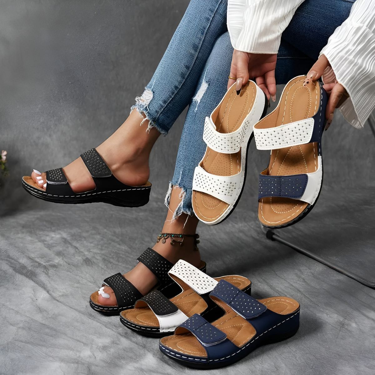 Simple wide-band backless sandals in white, blue, black and two-tone colourways