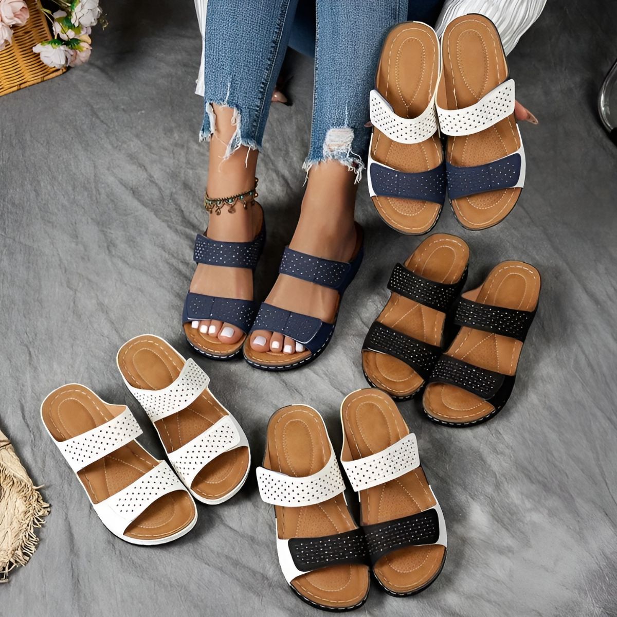 Simple wide-band backless sandals in white, blue, black and two-tone colourways