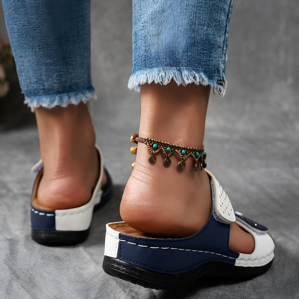 Simple wide-band backless sandals in white, blue, black and two-tone colourways