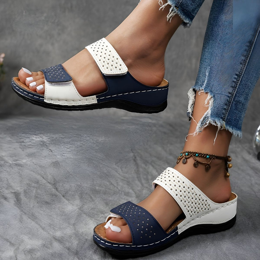Simple wide-band backless sandals in white, blue, black and two-tone colourways