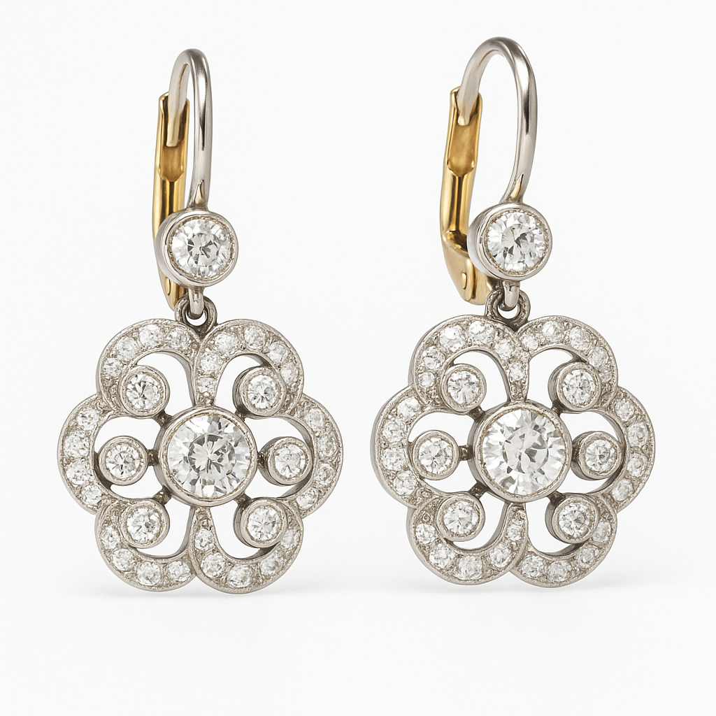 A pair of retro-style drop earrings with an intricate mandala pattern and crystal detailing