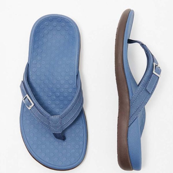 Ergonomic toe-post flip-flop sandals in blue, yellow, black, navy and magenta