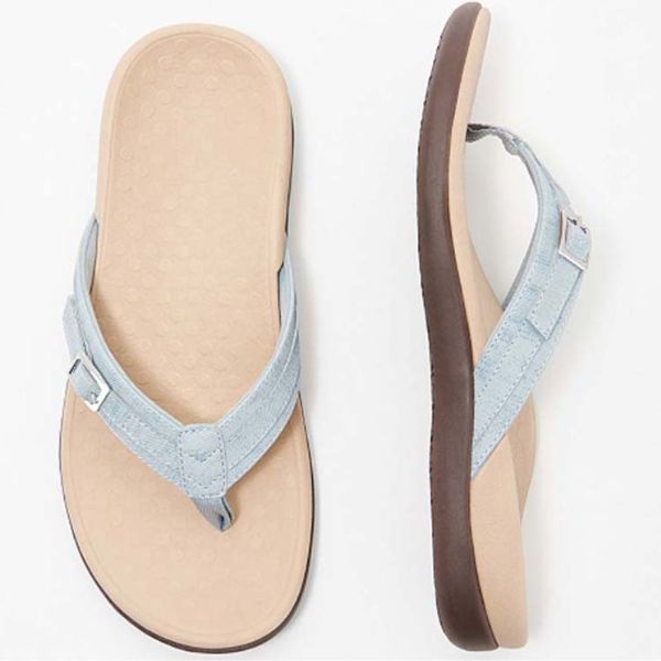 Ergonomic toe-post flip-flop sandals in blue, yellow, black, navy and magenta