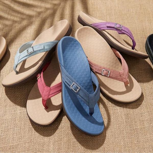 Ergonomic toe-post flip-flop sandals in blue, yellow, black, navy and magenta