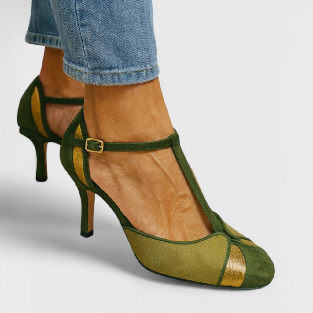 Women's open-toe heels in green with a wide stable heel and adjustable ankle strap