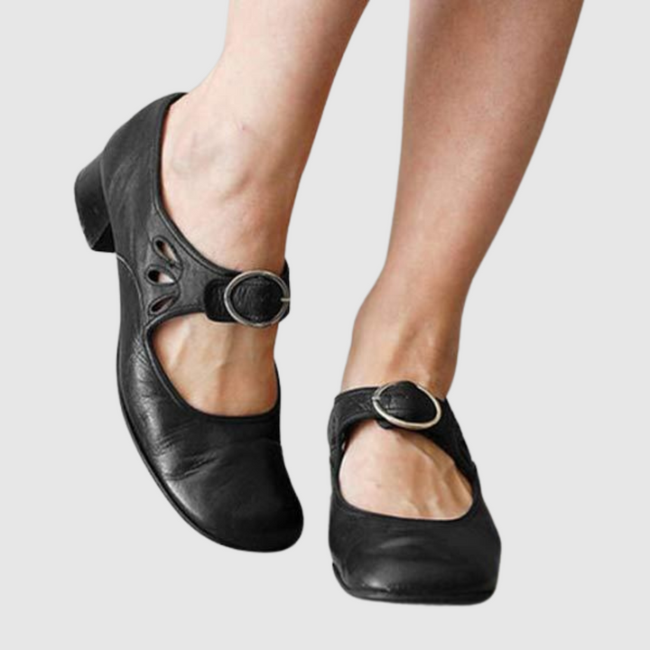 Classic comfort heeled shoes in black, red, brown and blue with a refined silhouette and cushioned sole
