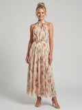 Aurelle – Floral Halter Pleated Maxi Dress