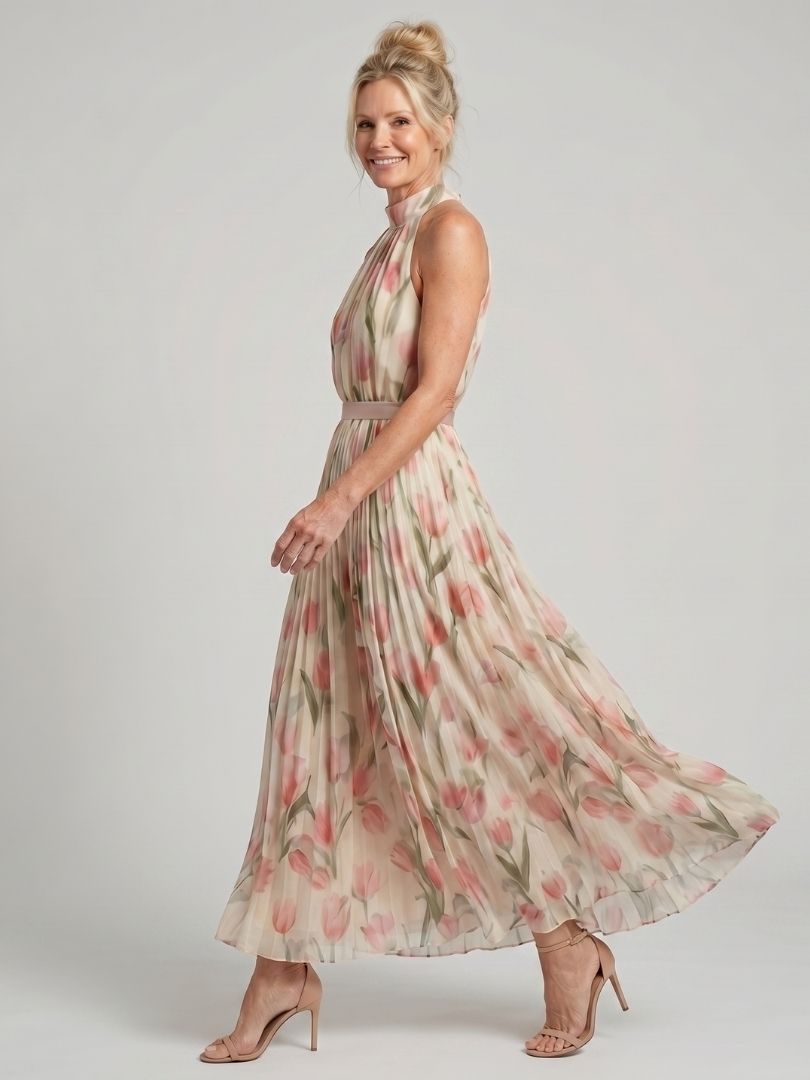 Aurelle – Floral Halter Pleated Maxi Dress