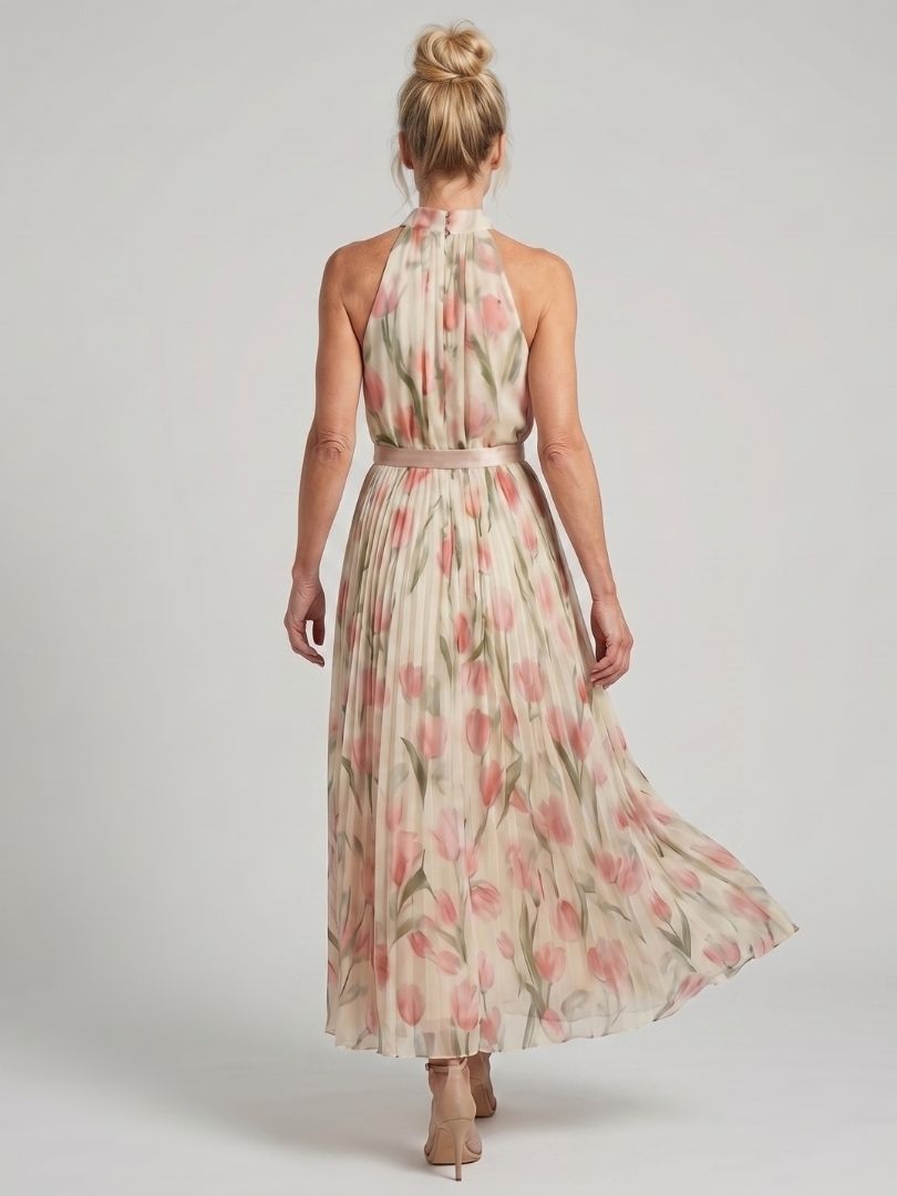Floral halter-neck midi dress with defined belt waist and flowing relaxed skirt