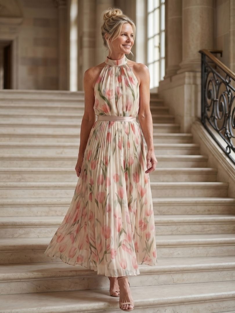 Floral halter-neck midi dress with defined belt waist and flowing relaxed skirt