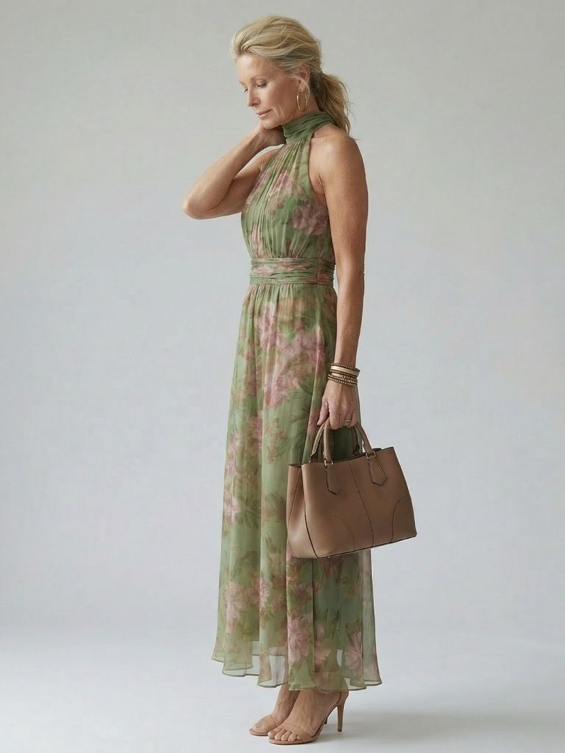 Sage green floral halter-neck midi dress with ruched neckline and flowing skirt