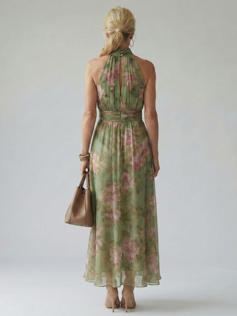 Sage green floral halter-neck midi dress with ruched neckline and flowing skirt