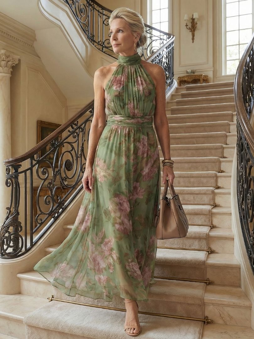 Sage green floral halter-neck midi dress with ruched neckline and flowing skirt