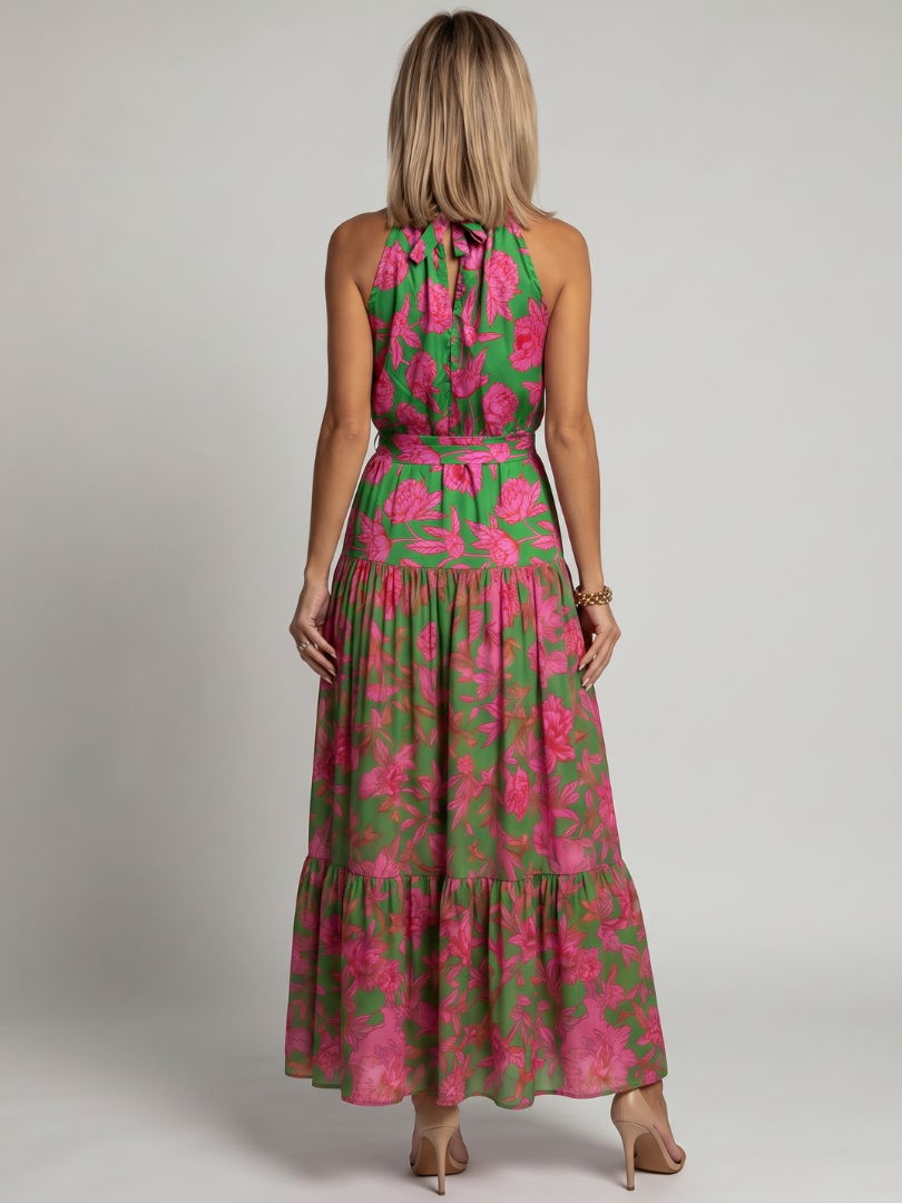 Floral halter-neck midi dress with softly draped bodice and layered flowing skirt