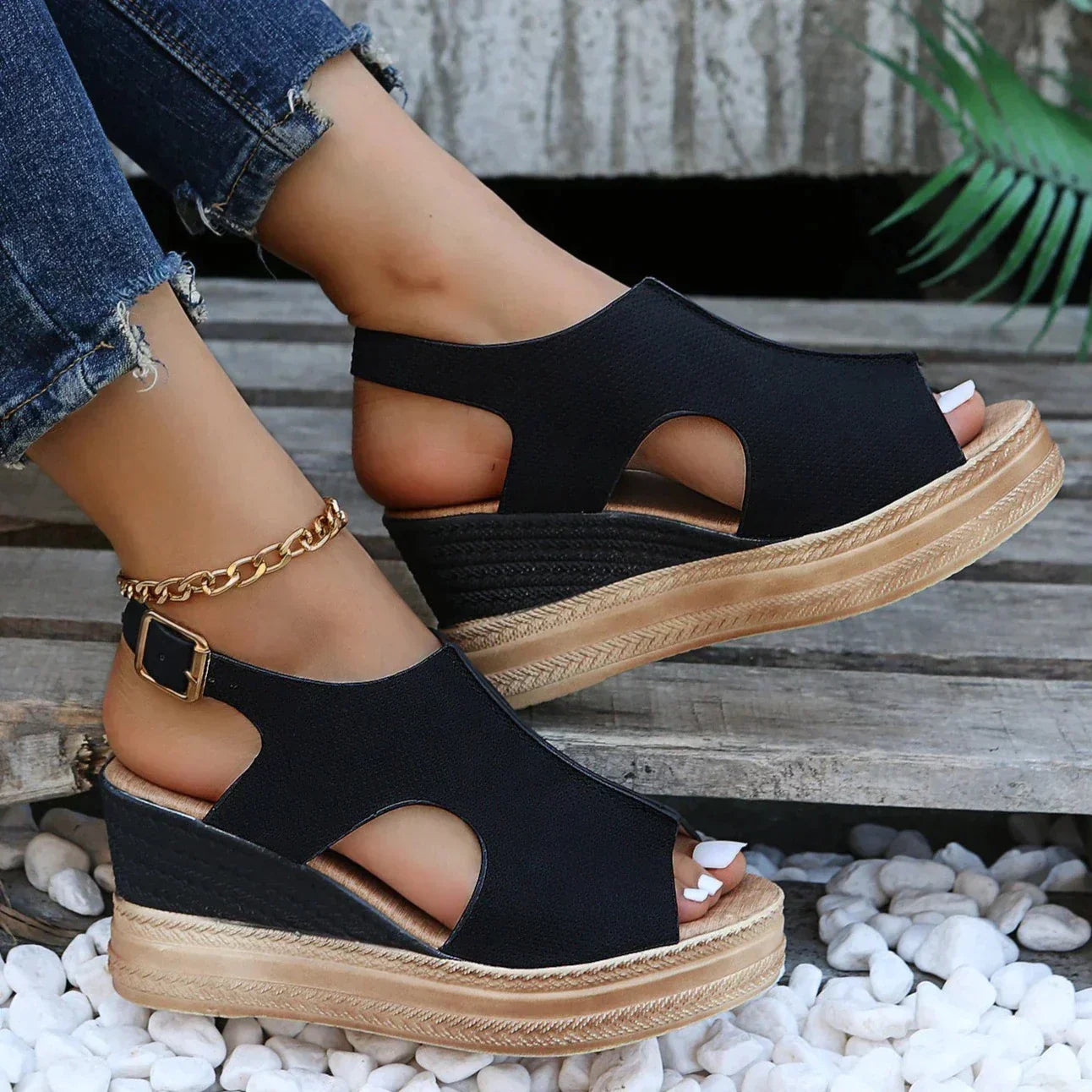 Silver shimmer peep toe wedge sandals with back strap