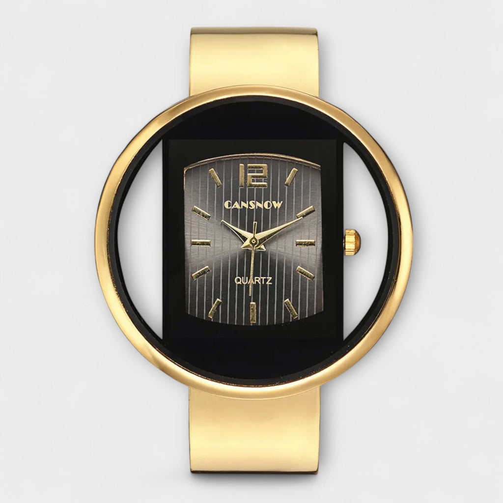 Women's bold watch with black dial and warm gold accent details