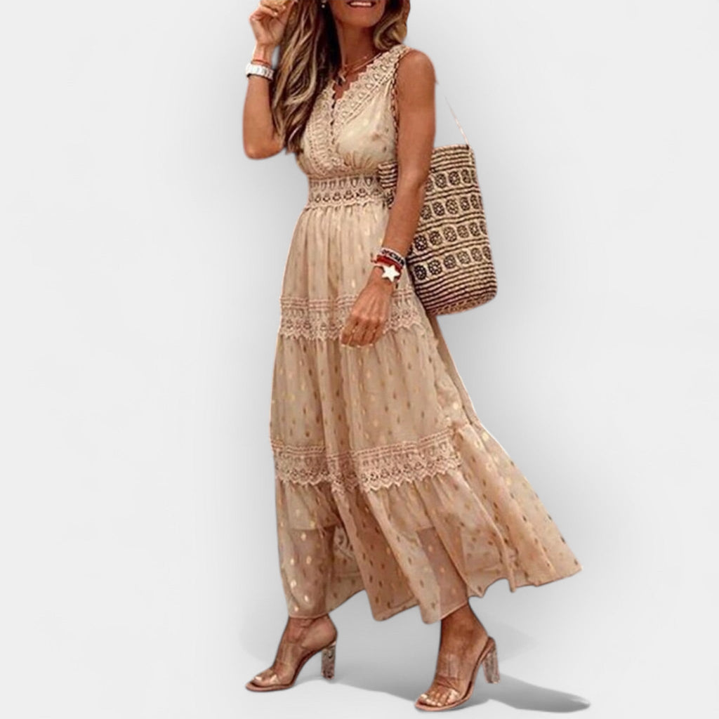Floaty blue boho summer dress with a relaxed wide silhouette and easy Mediterranean feel