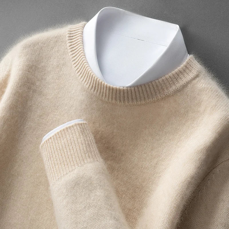 A woman wearing a soft warm jumper layered over a shirt on a cold day.