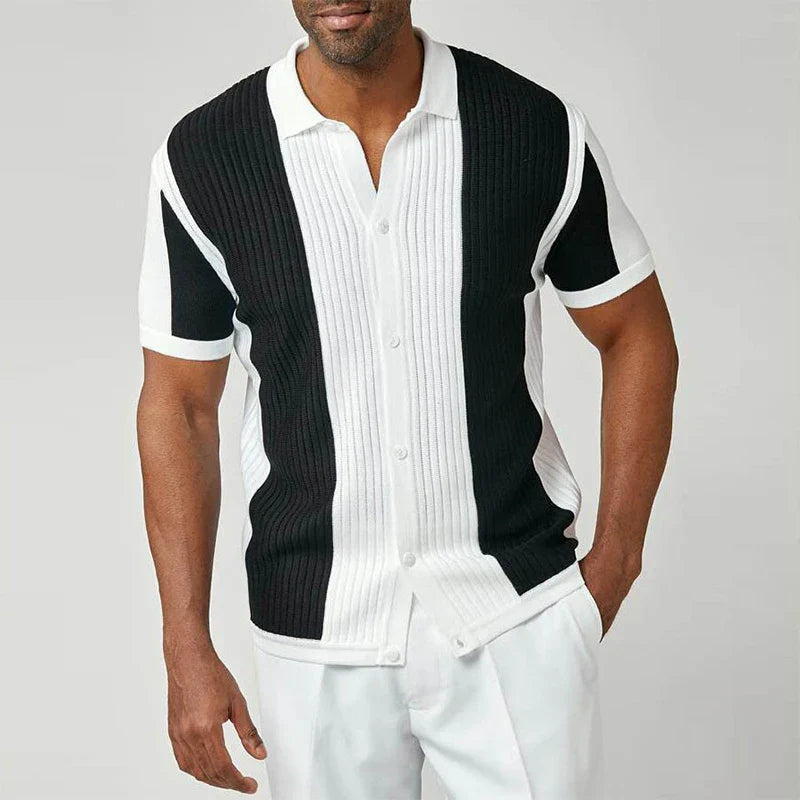 Men's fitted shirt with vertical contrast stripes and a structured, elongating silhouette