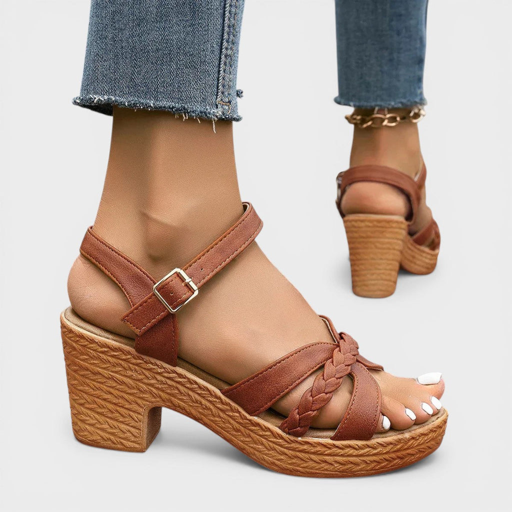 Women's strappy wide-heel sandals in black with slim flattering straps and a stable block heel