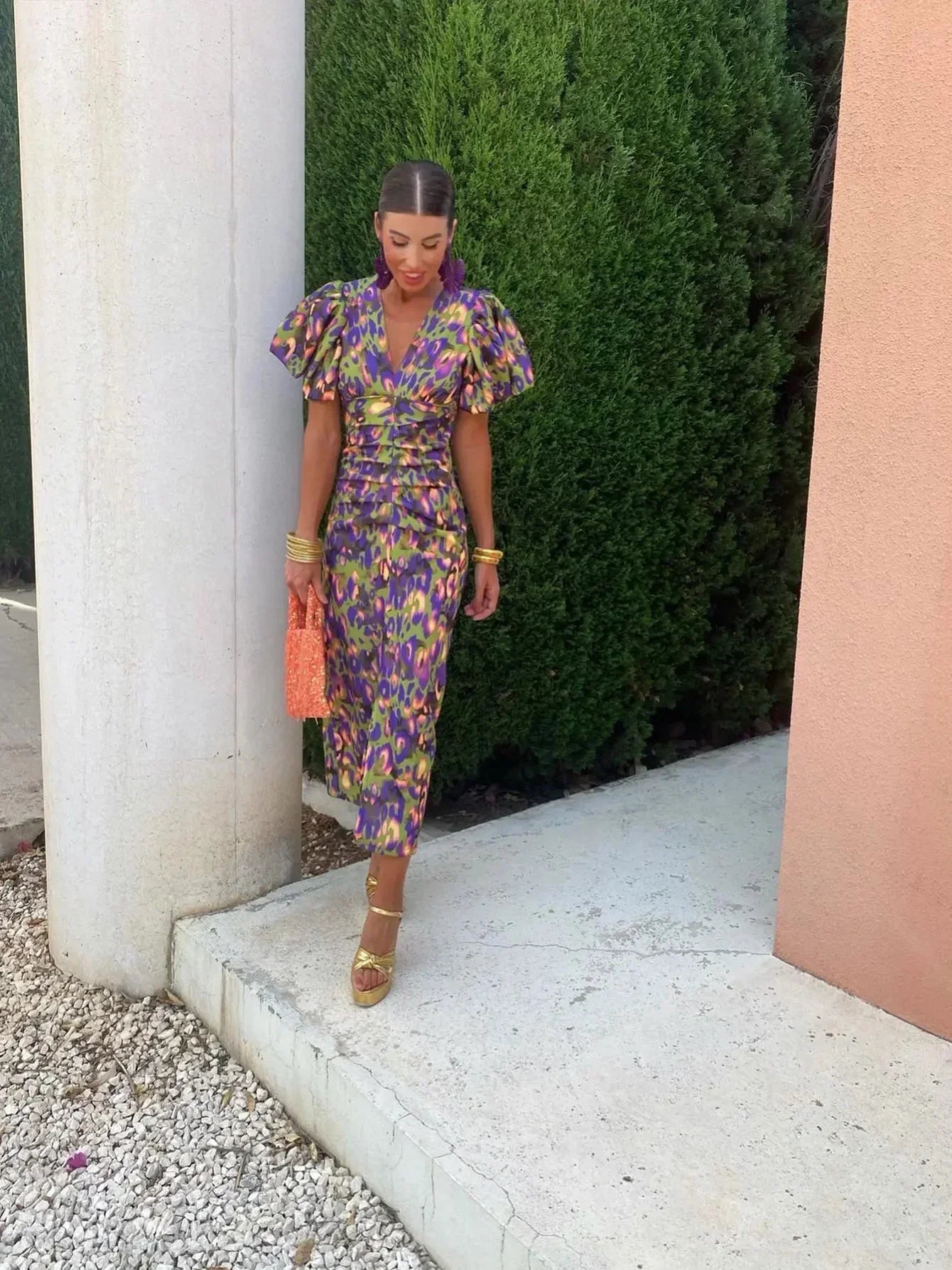 LOREN™ | Vibrant Midi Dress with Puff Sleeves