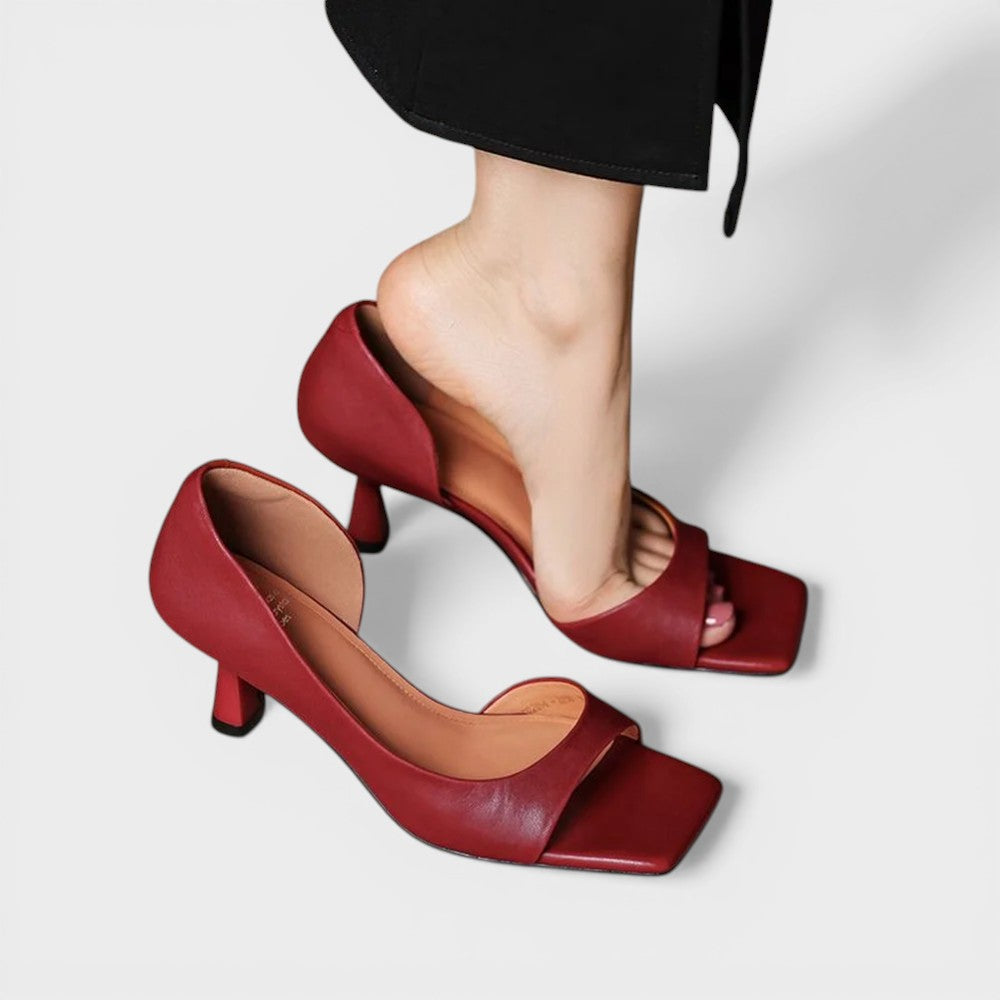 Women's open cushioned heels in red with a refined silhouette and stable block heel
