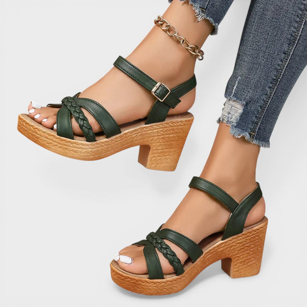 Women's strappy wide-heel sandals in black with slim flattering straps and a stable block heel