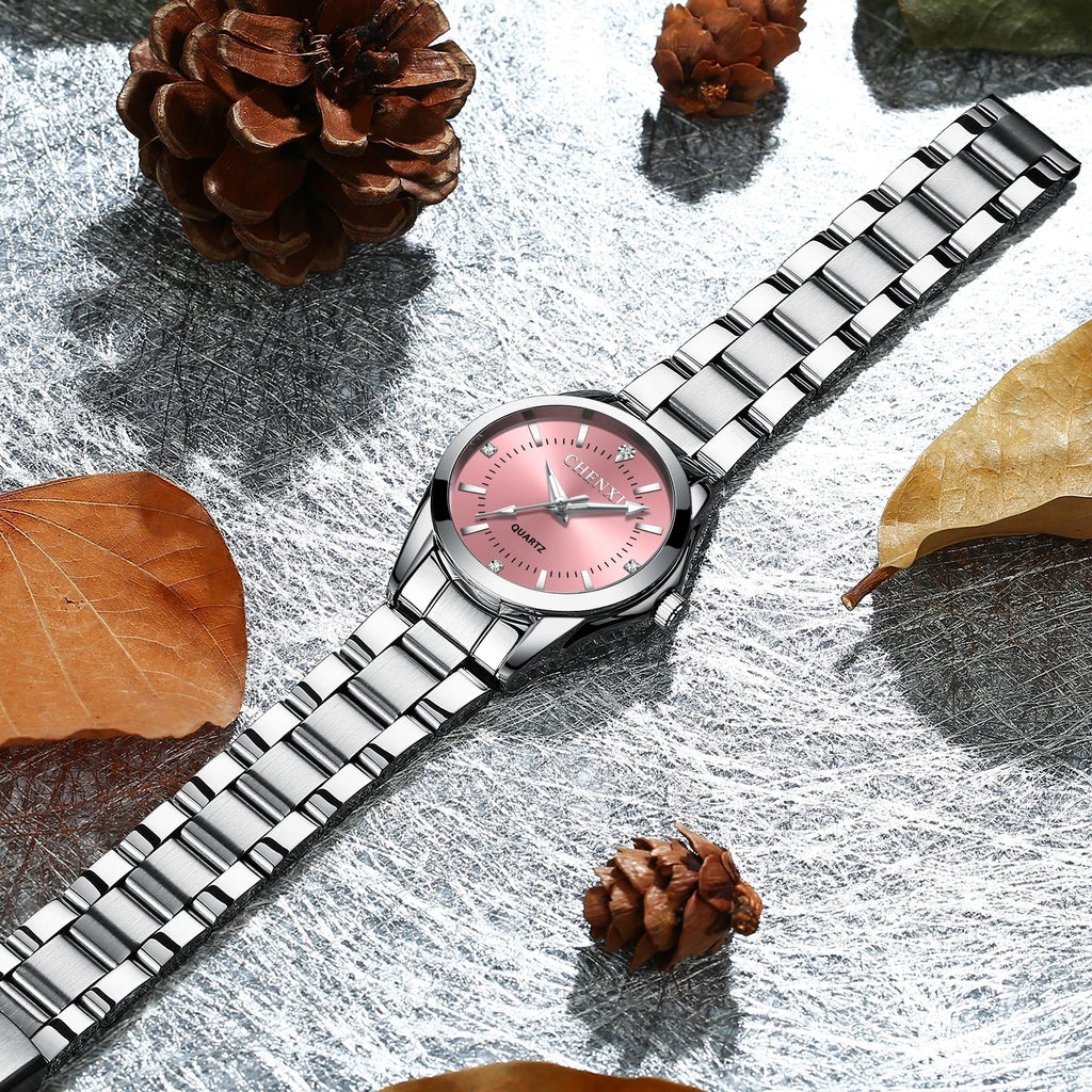 Women's stainless steel classic watch in pale blue with a minimal polished face
