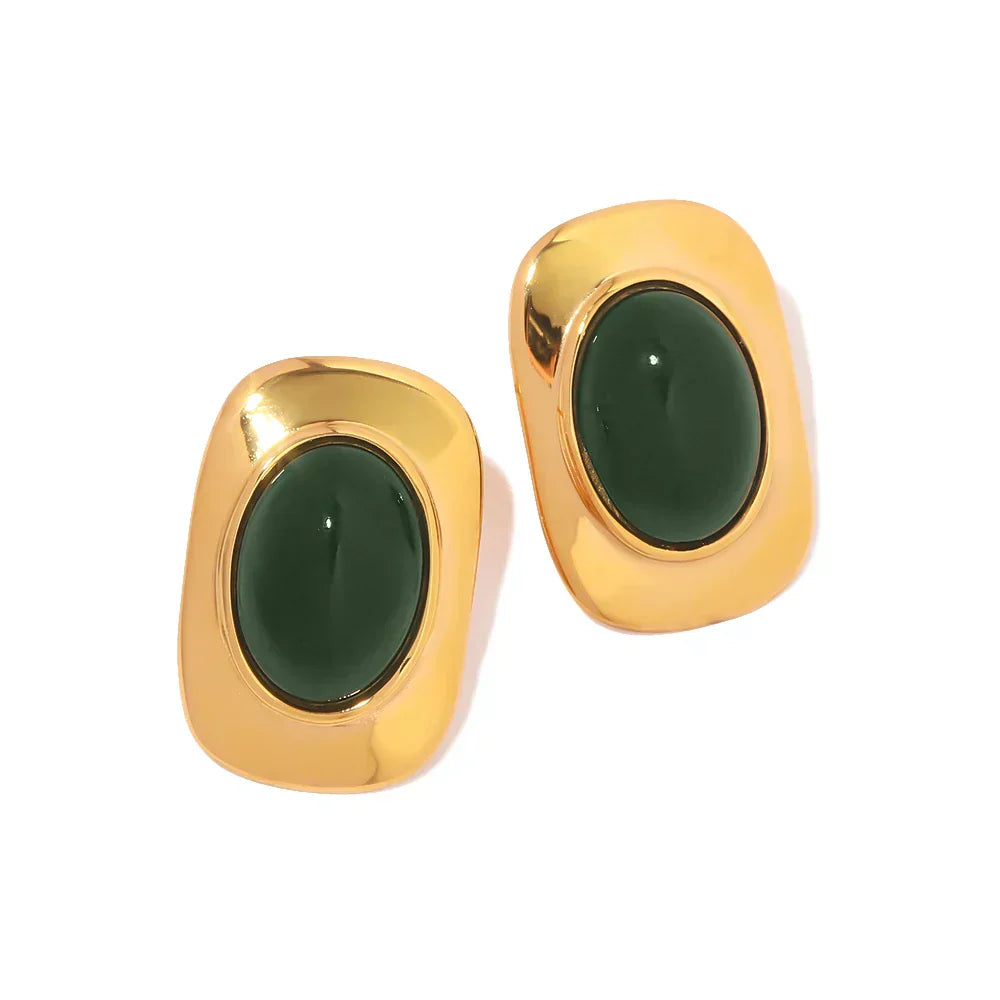A pair of handcrafted oval drop earrings featuring a natural green opal stone with shifting colour