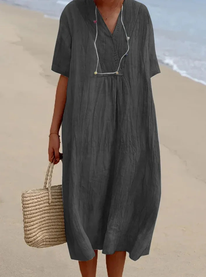 SANDRA™ | Casual V-Neck Dress with Linen Texture