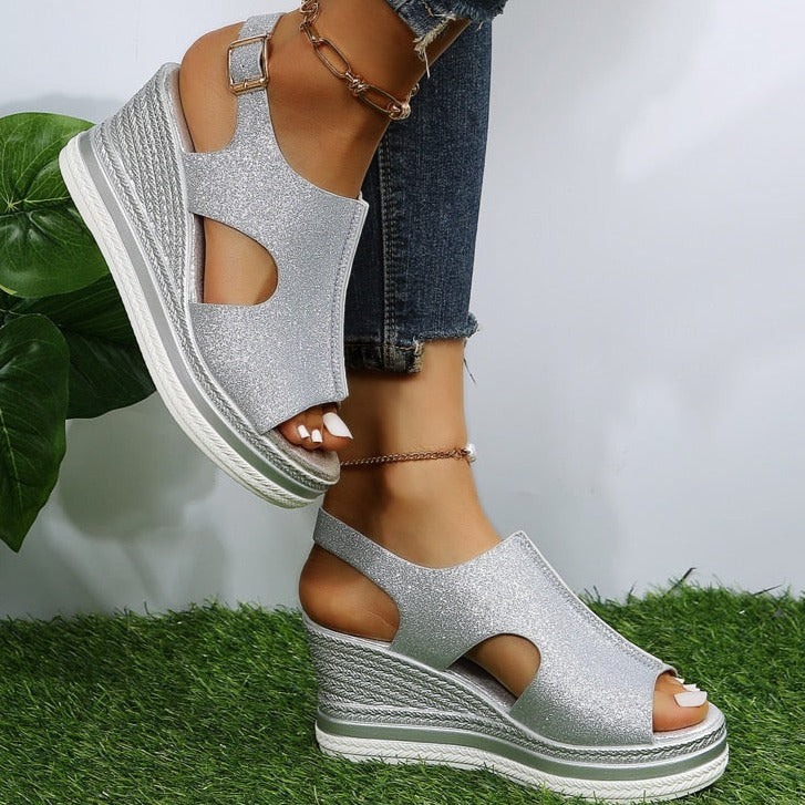 Silver shimmer peep toe wedge sandals with back strap