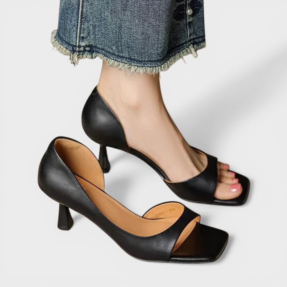Women's open cushioned heels in red with a refined silhouette and stable block heel