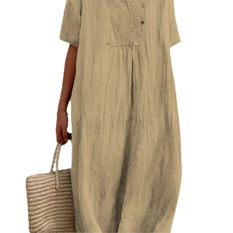 SANDRA™ | Casual V-Neck Dress with Linen Texture