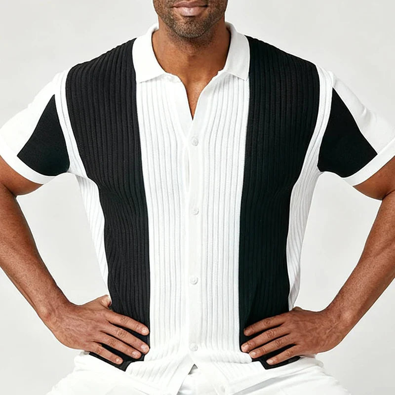 Men's fitted shirt with vertical contrast stripes and a structured, elongating silhouette