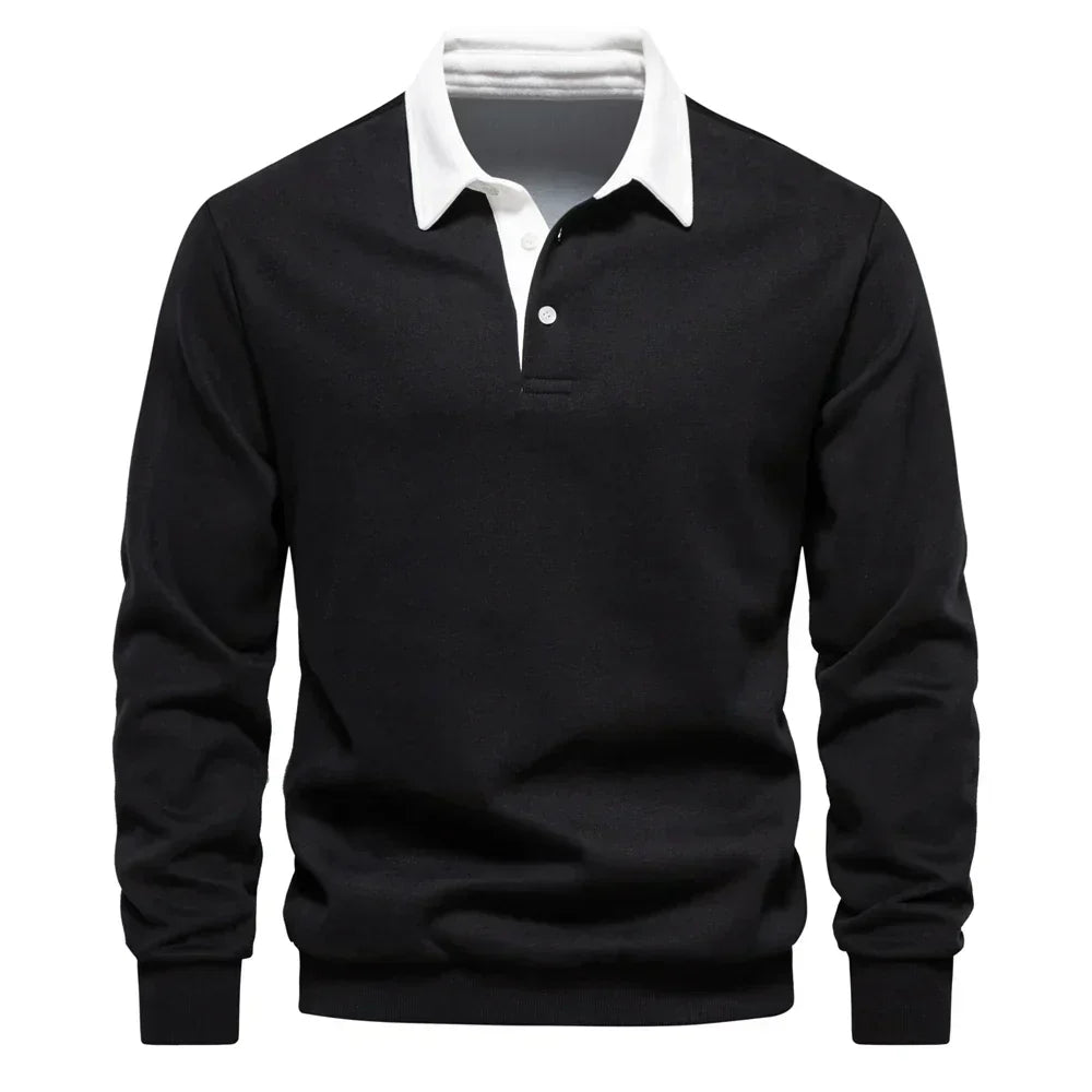 Men's contrast polo jumper in black with classic collar and button placket