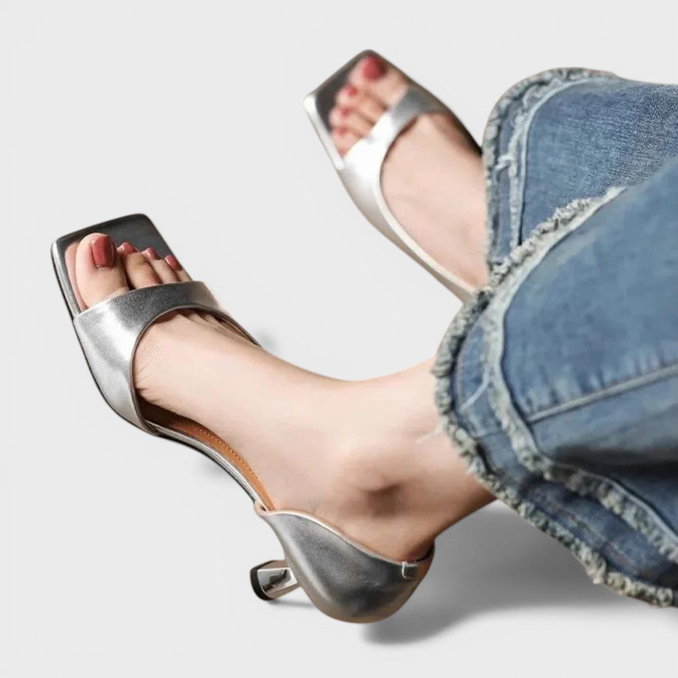 Women's open cushioned heels in red with a refined silhouette and stable block heel