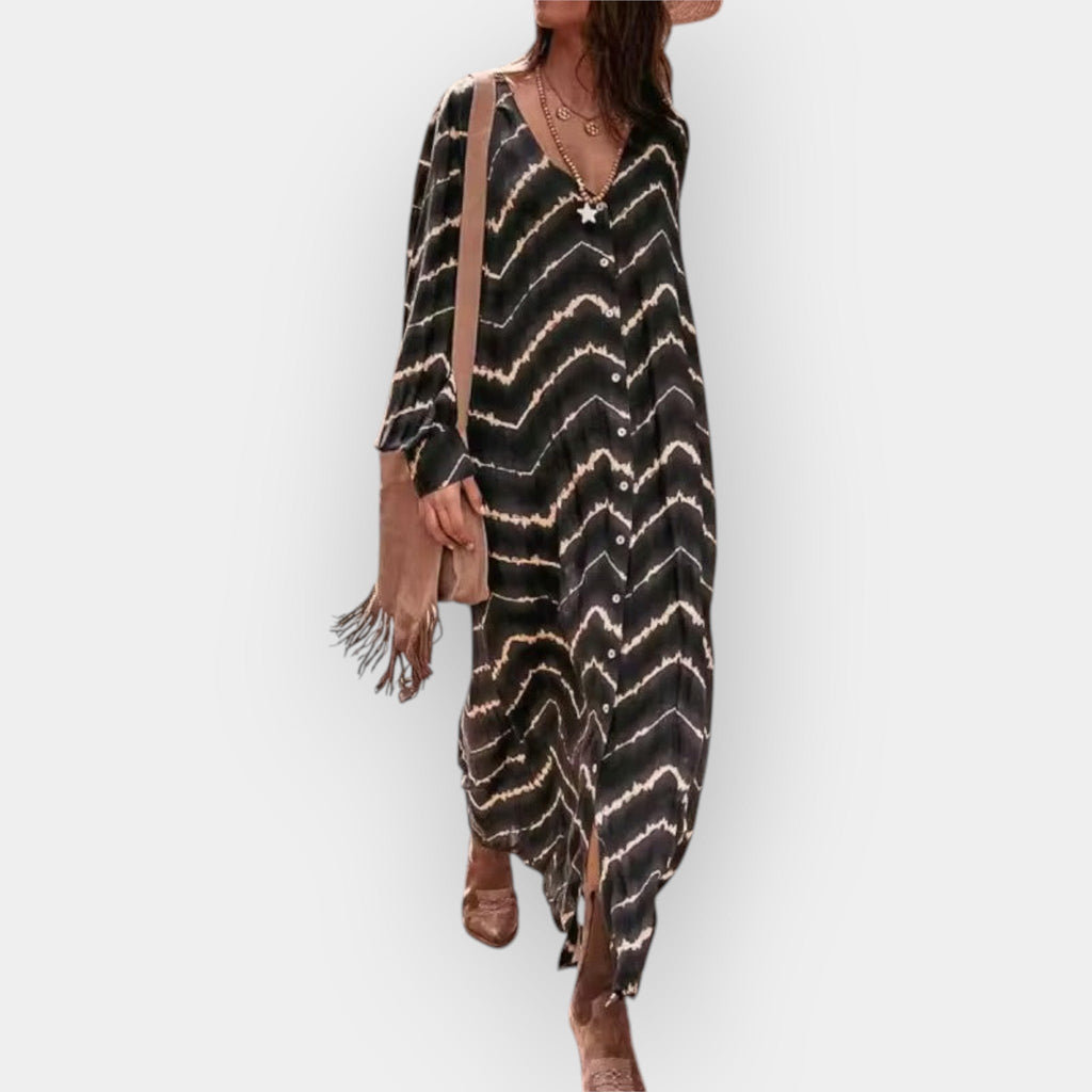Floaty boho long-sleeve dress in deep blue with a graceful romantic silhouette