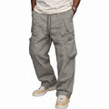 Men's grey cargo trousers with multiple pockets and a relaxed fit
