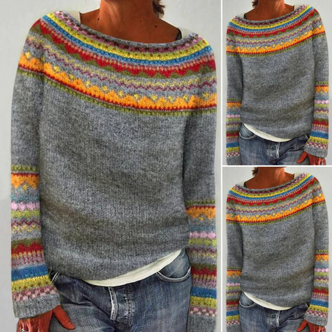 A woman wearing a retro jumper with a colourful Nordic pattern, cosy for autumn.