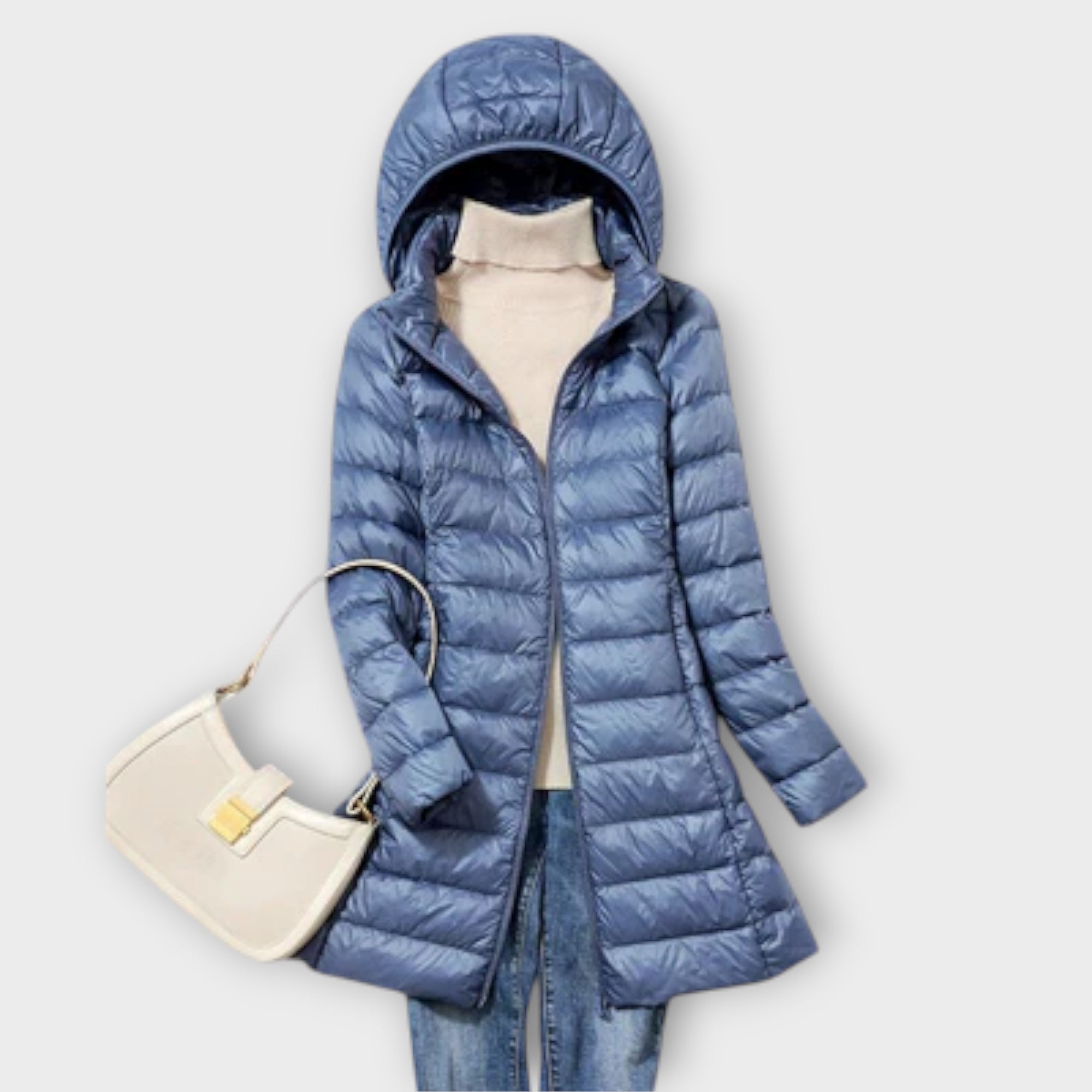 Ultralight padded coat in champagne, blue, pink and black with a sleek, modern silhouette