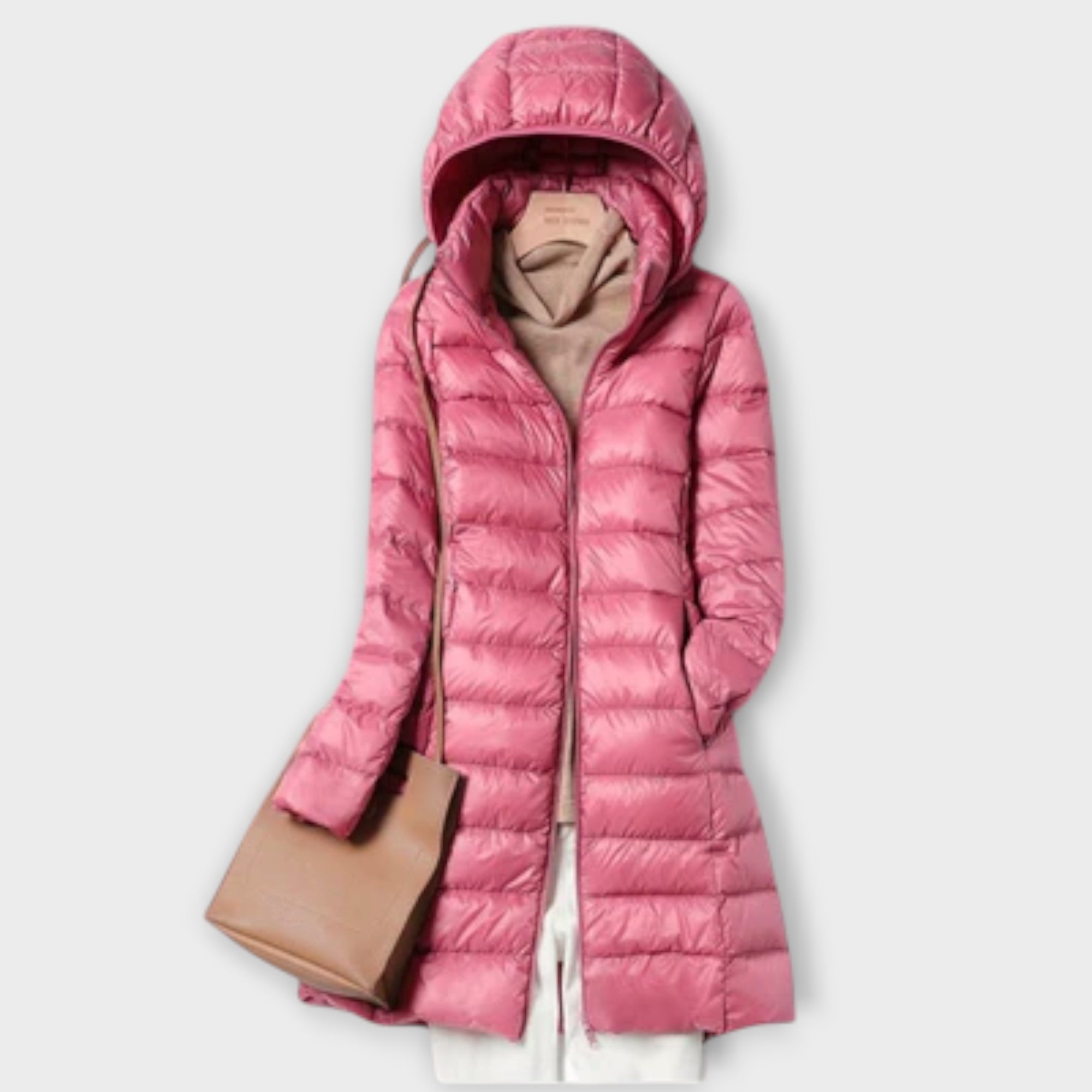 Ultralight padded coat in champagne, blue, pink and black with a sleek, modern silhouette