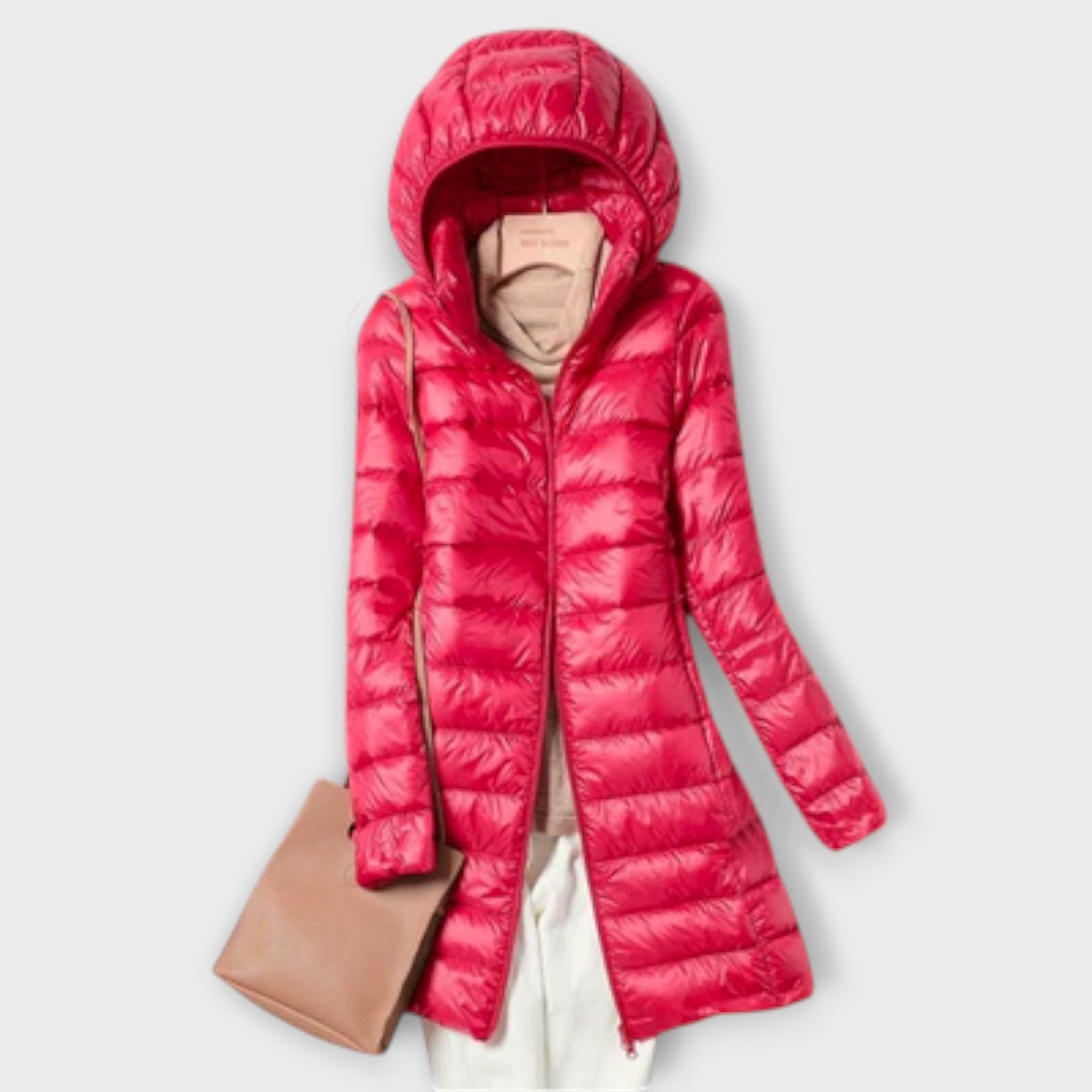 Ultralight padded coat in champagne, blue, pink and black with a sleek, modern silhouette