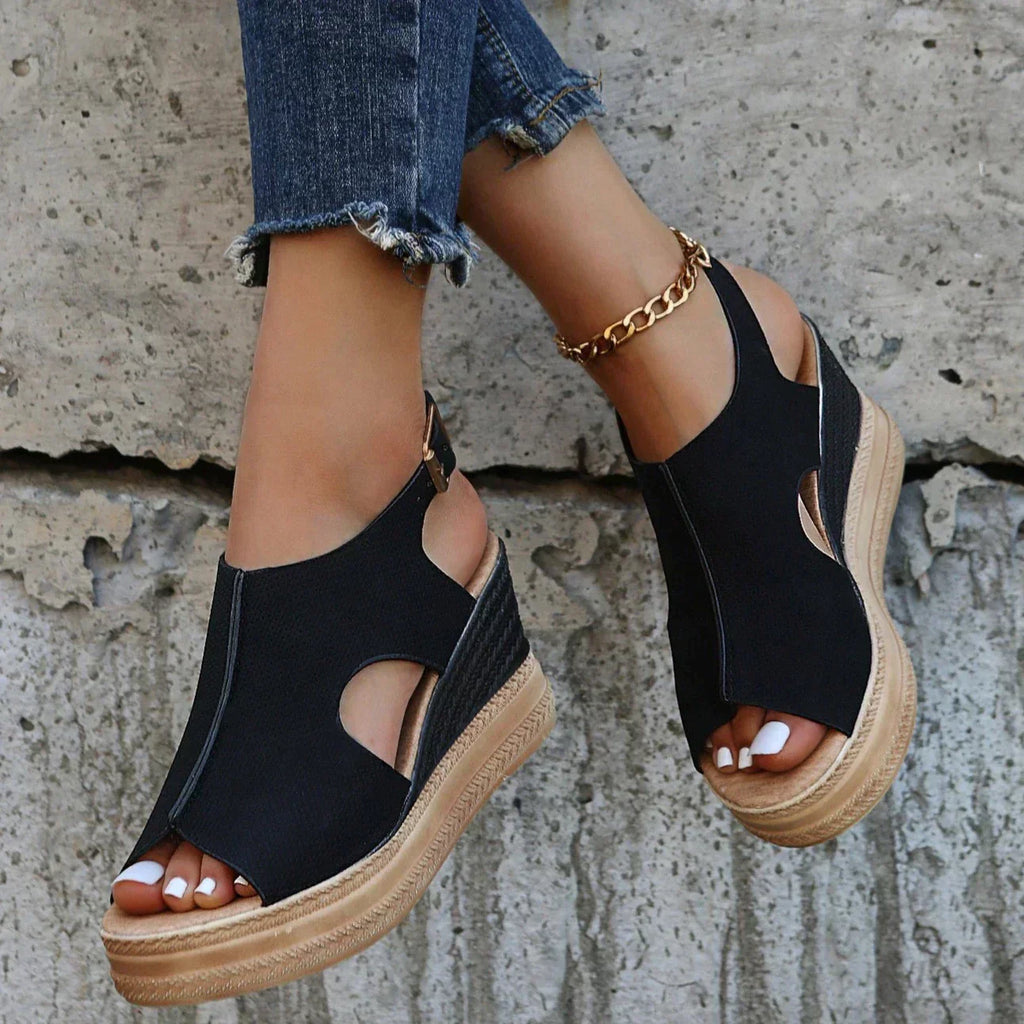 Silver shimmer peep toe wedge sandals with back strap