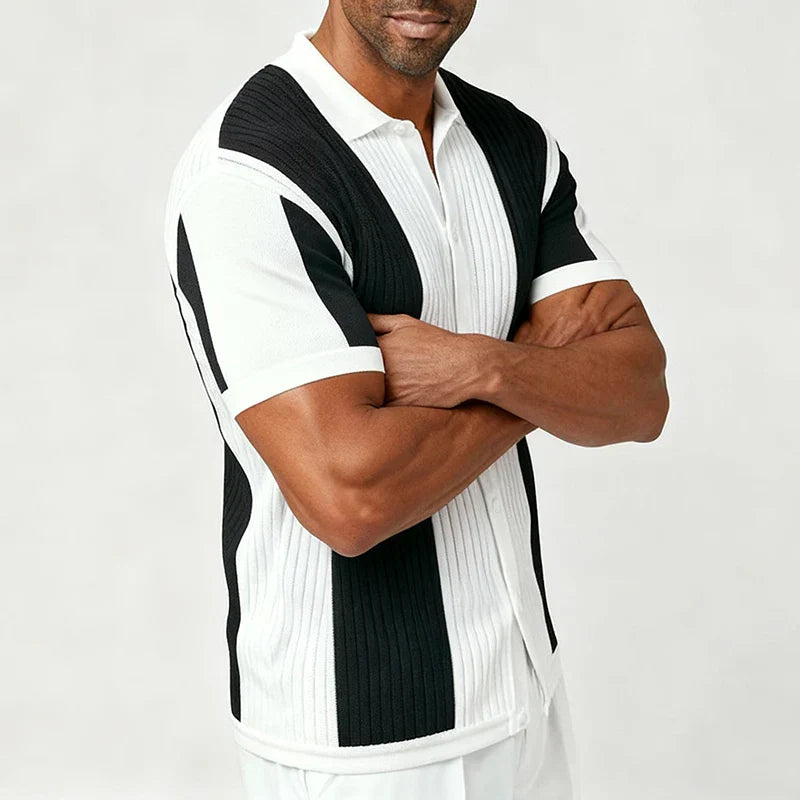 Men's contrast stripe shirt in black and white with a clean, structured silhouette