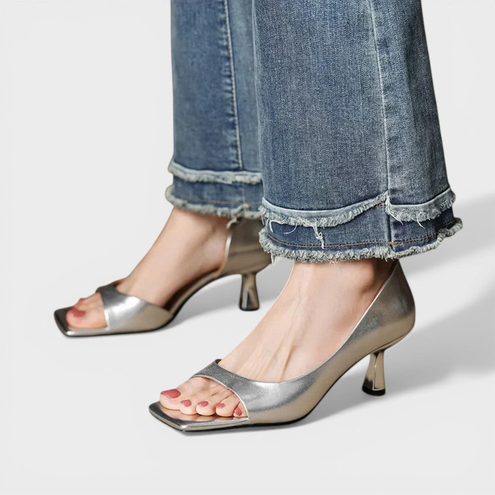 Women's open cushioned heels in red with a refined silhouette and stable block heel