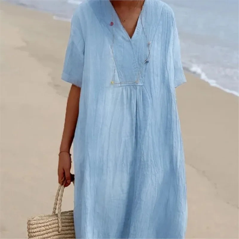 SANDRA™ | Casual V-Neck Dress with Linen Texture