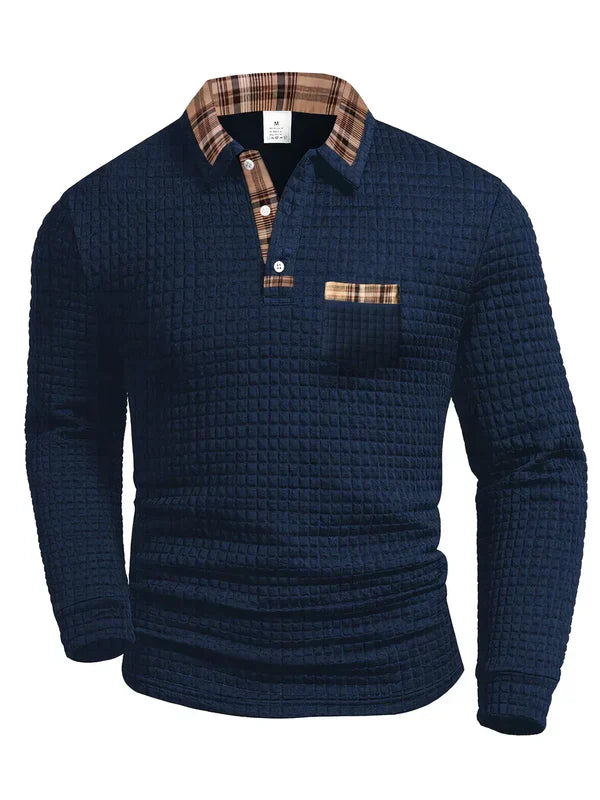 Men's textured polo shirt in navy blue with contrast collar and chest pocket detail