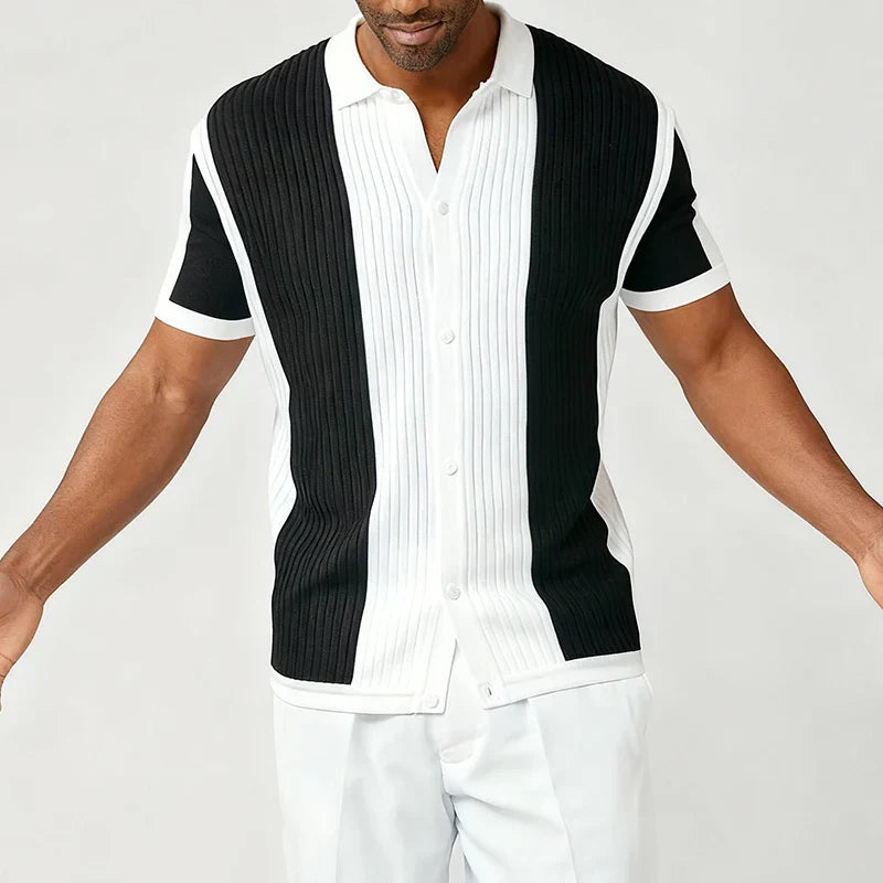 Men's fitted shirt with vertical contrast stripes and a structured, elongating silhouette