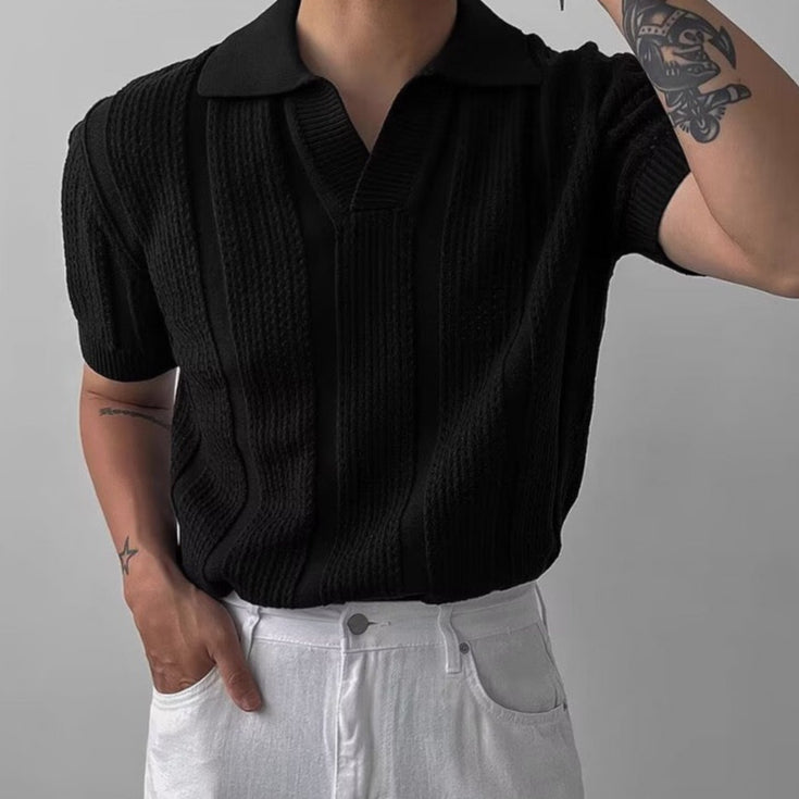 Men's textured heritage polo shirt in navy with a clean, structured silhouette
